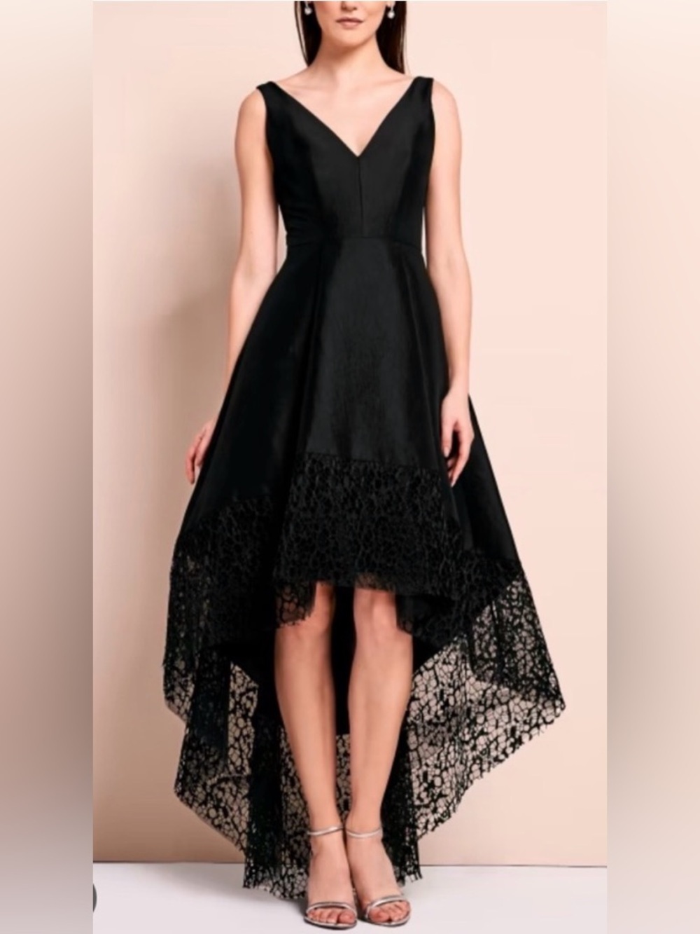 Betsy & Adam Black Lace Trim High Low Dress V Neck Pockets Size 6